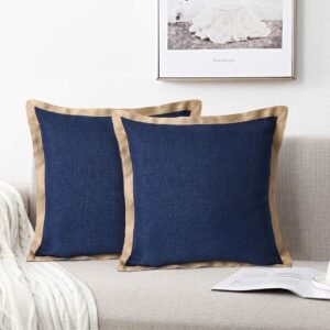 Square Linen-Like Throw Pillow Covers, Cottage Covers with Natural Burlap Trim