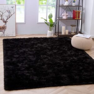 Living Room Shaggy Floor Nursery Rug Home Decor Mats, 4' x 5.3', Black